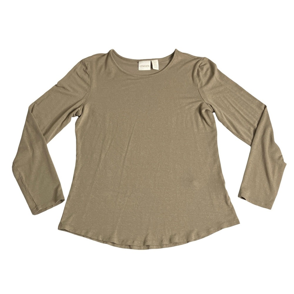 Chicos Long Sleeve Top Womens 0 S Brown Gold Metallic Shimmer Crew Neck Stretch